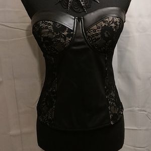 G by Guess Black Lace and Faux Leather Bustier Top